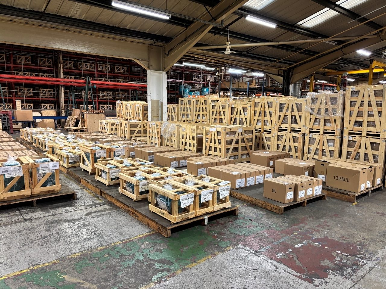 Brook Crompton electric motors delivered on pallets at their warehouse