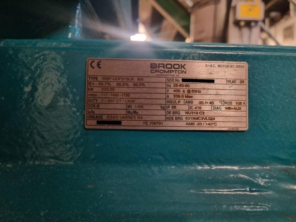 Nameplate of Brook Crompton W Series IE4 motor, 200kW, 4-pole, 315L frame